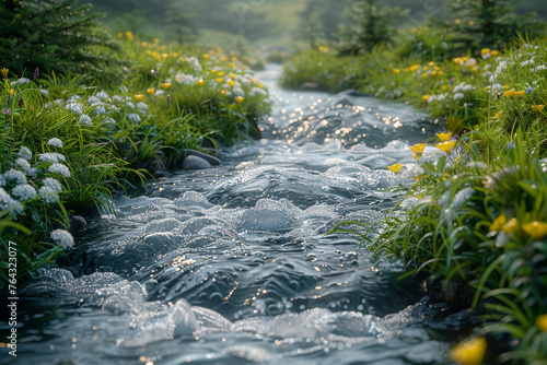 A babbling brook winding through a verdant meadow, harmonizing with the melody of chirping birds. Concept of a lively and soothing watercourse. Generative Ai.