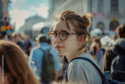 portrait of a young woman with glasses in a crowd, student, demonstration, event