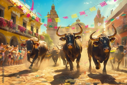 Running of the bulls in festival