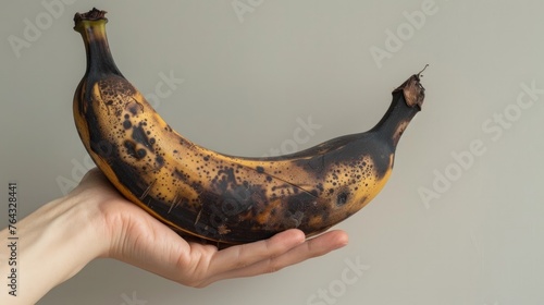This image shows a single rotten banana in someone's hand. The banana is black or brown and appears