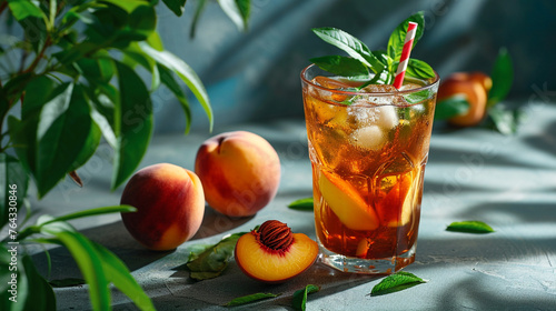 Peach ice tea in a glass with mint, refreshing summer fruit drink