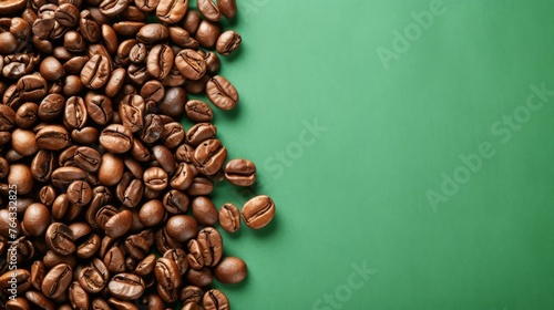 Close-up of a pile of roasted coffee beans isolated on a green background. The beans are dark brown and oily, and they are scattered in a random pattern. The background is a solid green color.