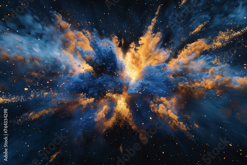 Abstract wallpaper with a cosmic explosion of blue and yellow powder