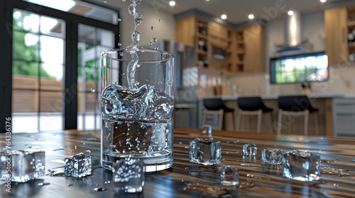 a glass filled with water sitting on top of a wooden table next to a glass vase filled with ice cubes.