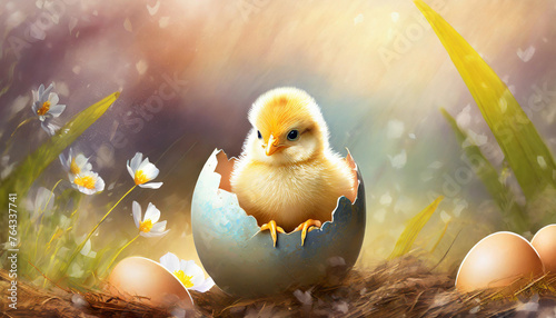 Adorable Hatching Chick Easter Card: Happy Easter! (Left Copy Space). Spring Chick Emerging from Egg. Easter Egg Hunt, New Beginnings, Springtime Renewal. Easter Basket Filler, Digital Greeting Card, 