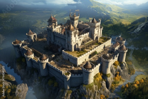 Aerial view of a medieval castle perched on a rugged hilltop