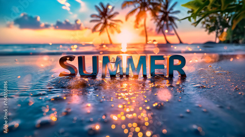 Text summer on the sand beach, touching the ocean or sea waves at the sunset, tropical paradise landscape, palm trees around. Holiday or vacation on an island, tranquil relaxation at dusk wallpaper