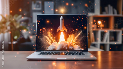 Rocket launch from laptop on office table to fly up in air. Business startup new idea project development, internet marketing strategy growth, future product progress on a website, speed power boost