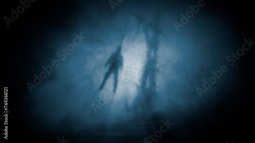 Scary big gallows with dead man hanging from it. Creepy grunge 2D illustration. Horror fantasy genre. Gloomy hellish visions. Gloomy nightmares. Black and blue background. Apocalyptic doomsday theme.