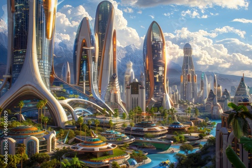 Futuristic Cityscape with Utopian Modern Architecture under a Clear Blue Sky