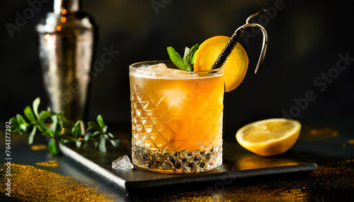 stinger cocktail in a garnished glass on dark background