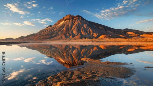 Volcanic mountain reflected in calm lake waters. Ai Generated