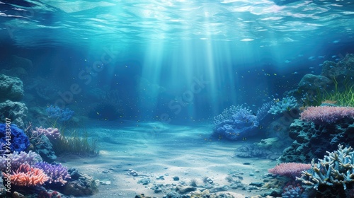 Underwater ocean landscape with clay coral reefs, creating a mesmerizing 3D background design. Ai Generated