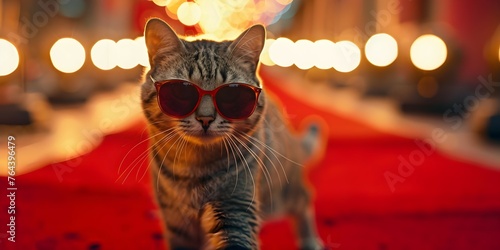 Cat with Hollywood glamour struts the red carpet in chic style sunglasses. Concept Red Carpet Event, Hollywood Glamour, Chic Style, Sunglasses, Cat Model