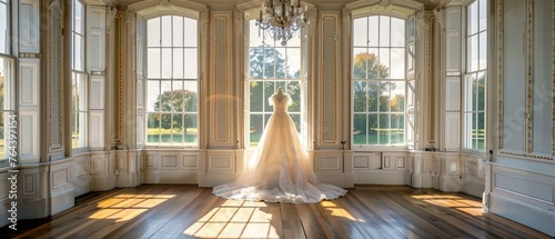 An elegant wedding dress stands on display in a vintage-styled room with large windows and classical architecture