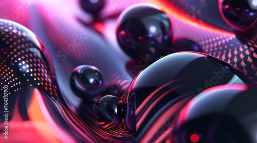 3D rendering of a dark, glossy sphere floating in a red, abstract space. The sphere is surrounded by a glowing, red light and has a bumpy surface.