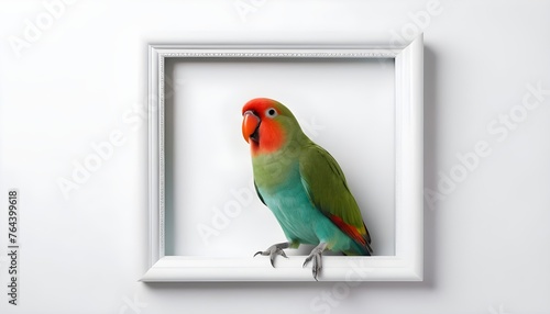 Curious turquoise Kakariki bird sitting in white photo frame, looking at camera. Isolated on white background.