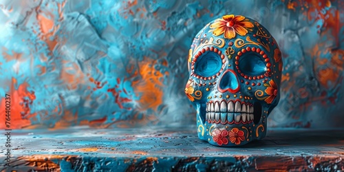 Decorative sugar skull with vibrant patterns against an abstract blue and orange textured backdrop, El Día de los Muertos traditions