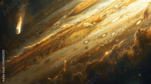 a fiery comet as it makes a close pass by Jupiter, showcasing the planet's iconic Great Red Spot and gaseous surface.