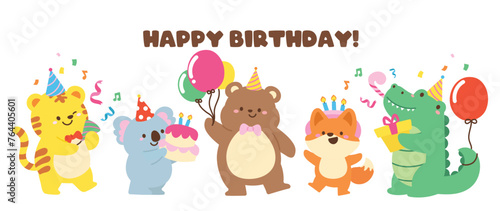 Happy birthday concept animal vector set. Collection of adorable wildlife, tiger, koala bear, fox, crocodile. Birthday party funny animal character illustration for greeting card, kids, education.