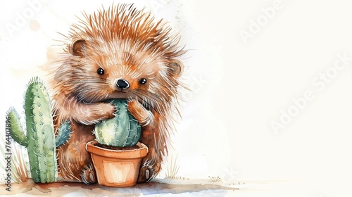 A porcupine cuddling with a cactus plushie water color