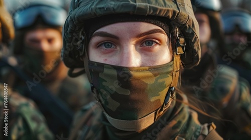 Focused female soldier with camouflaged face wearing helmet and military uniform among troops in field exercise. Strength and discipline in armed forces.