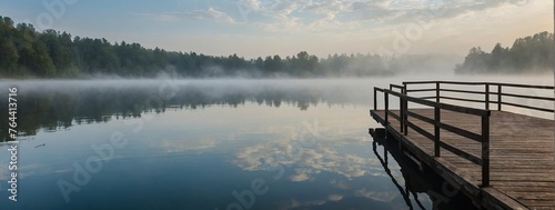 Amidst the tranquil beauty of the landscape, a serene lake lies veiled in a delicate shroud of mist