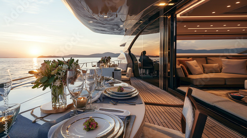 A beautiful yacht with a table set up for a dinner party