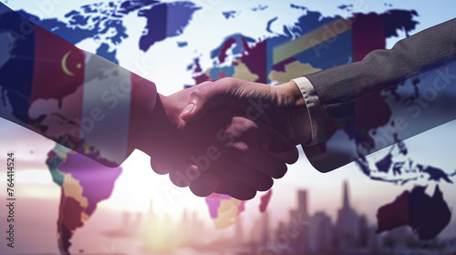 Two people shaking hands in front of a world map, trade cooperation, free trade zone concept