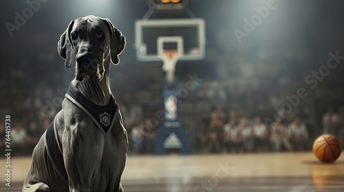 A Great Dane as a basketball player with a jersey and basketball