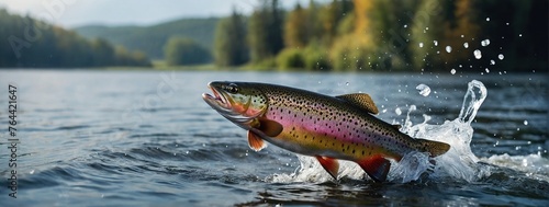 Rainbow trout jumping out of the water with a splash, Fish above water catching bait, Panoramic banner with copy space