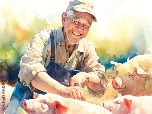 養豚場で働く笑顔の高齢男性