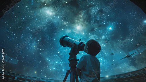Child stargazing with telescope.
