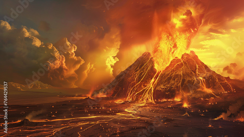 Volcanic eruption at sunset.