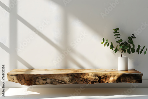 A rectangular wooden shelf in a room displaying a terrestrial plant in a vase. The natural material of the hardwood shelf complements the greenery of the plant