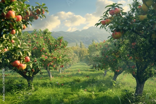 Apple orchard with ripe fruits on a sunny day, mountains in the background.