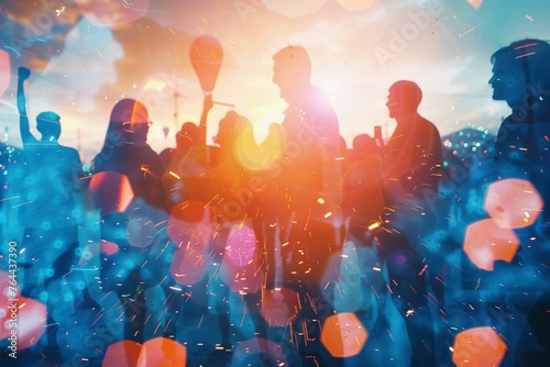 Double exposure of a corporate celebration and a team, illustrating the rewards and satisfaction of collective achievements
