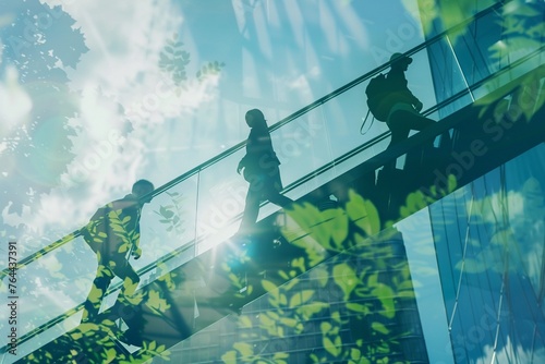 Double exposure of a corporate ladder and individuals climbing, symbolizing career advancement and the pursuit of excellence