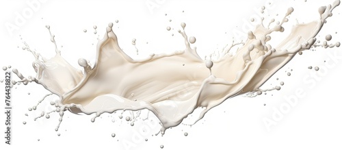 A dynamic splash of fresh milk captured mid-air on a clean and crisp white background