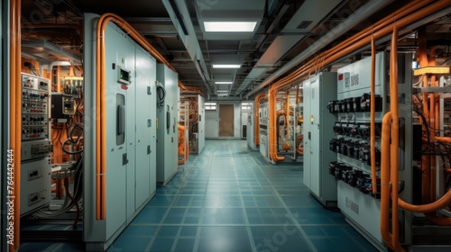 Industrial equipment control room corridor with wires, Corridor in Working Data Center Full of Rack Servers