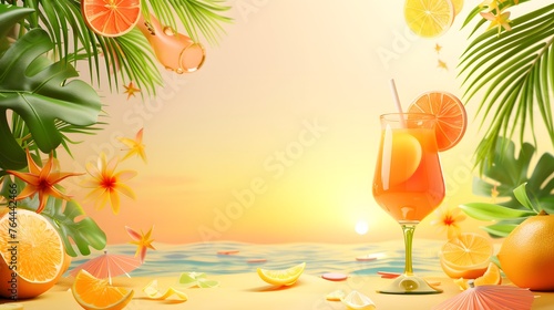 summer background with fresh drink and fruit