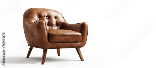 An up-close view of a chair made of brown leather upholstery and a sturdy wooden frame