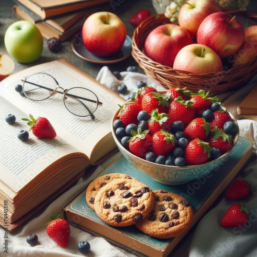 Berries, Books, Cookies, Apples Table Scene with Focus