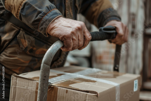 A close-up shot of a mover hands, gripping the handles of a dolly loaded with boxes.