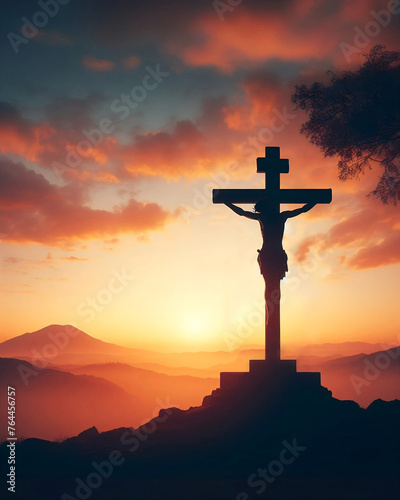 A cross stand under a red sky, christian background