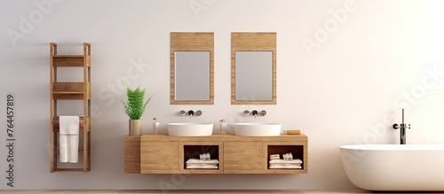 A modern bathroom featuring a white sink with a sleek faucet and two rectangular mirrors mounted on the wall