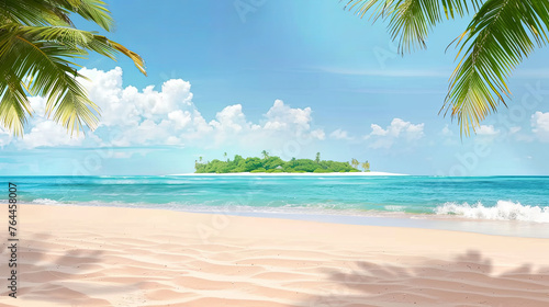 Sandy Tropical Beach with Island Background: Coastal Paradise Scene
