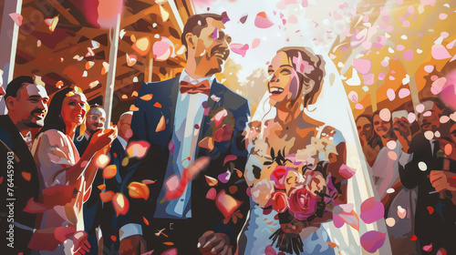 Wedding Bliss. Bride and Groom Smiling Amidst people sprinkling flower petals