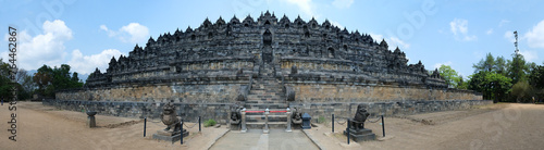 Full view of Borobudur temple located in Magelang City, Central Java, Indonesia. Borobudur is the largest Buddhist temple in the world