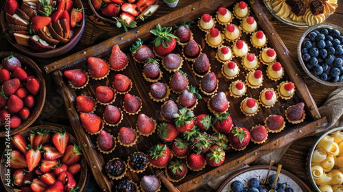 A colorful array of bitesized desserts including mini fruit tarts and chocolatedipped strawberries displayed on a rustic wooden tray.